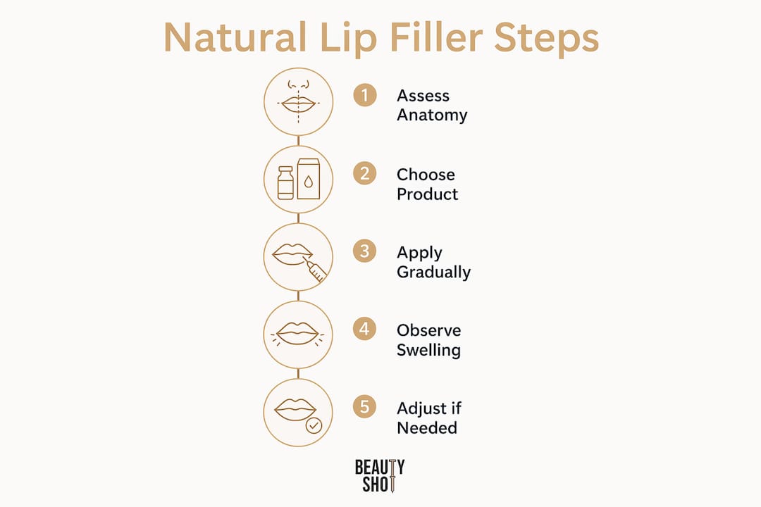 Infographic illustrating steps for natural lip filler results