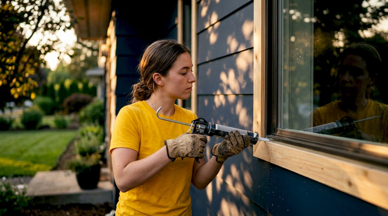 Woman applying exterior caulk to window frame