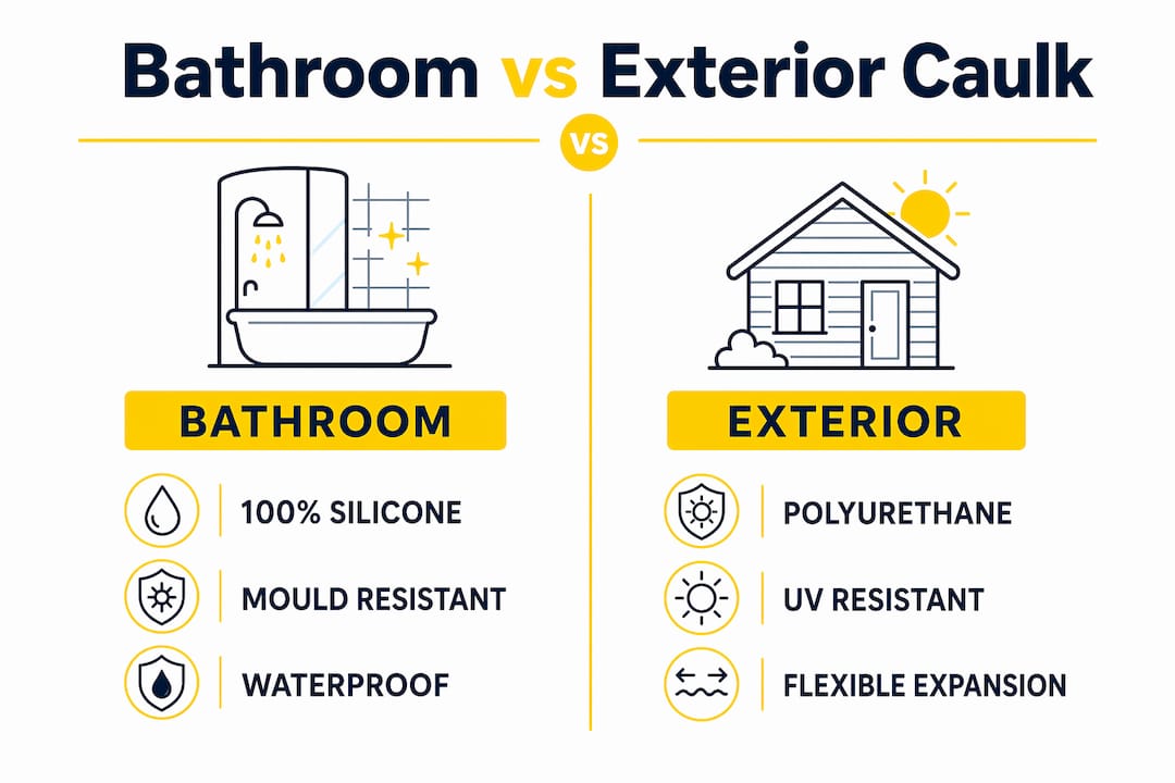 Infographic comparing bathroom and exterior caulking properties