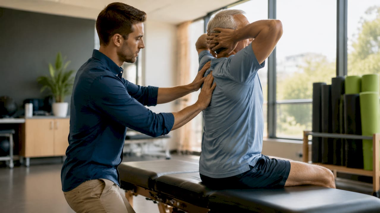 Physical therapist assisting spine stretch