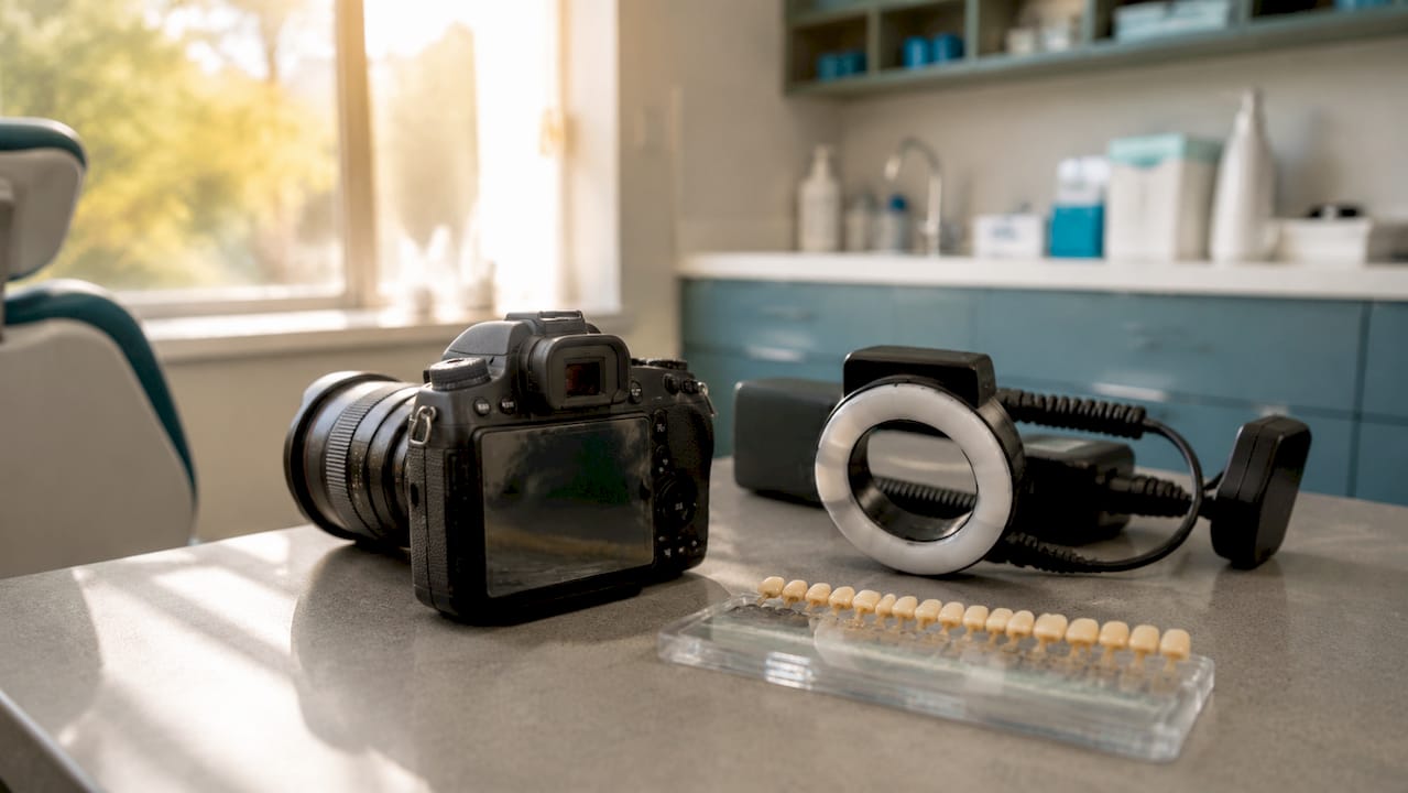 Close-up of DSLR camera and dental photography tools