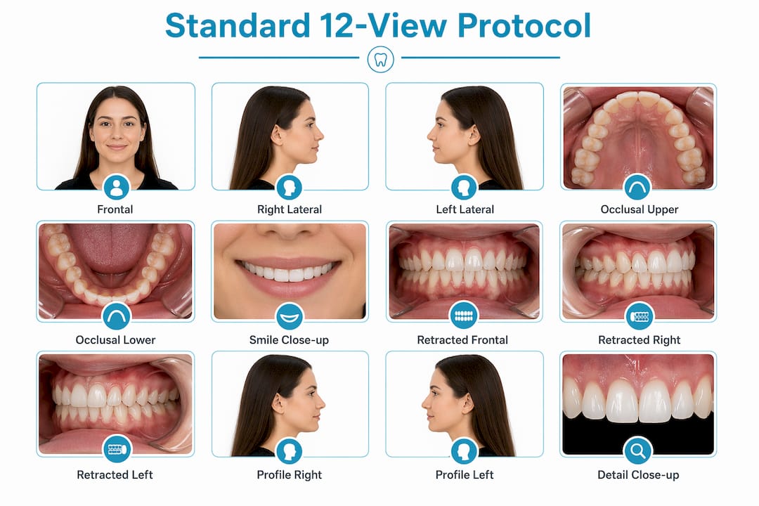 Infographic depicting standard 12-view dental photography protocol