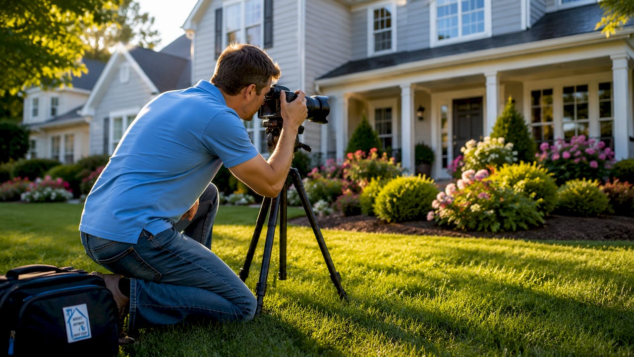 Photographer preparing to shoot clean home exterior