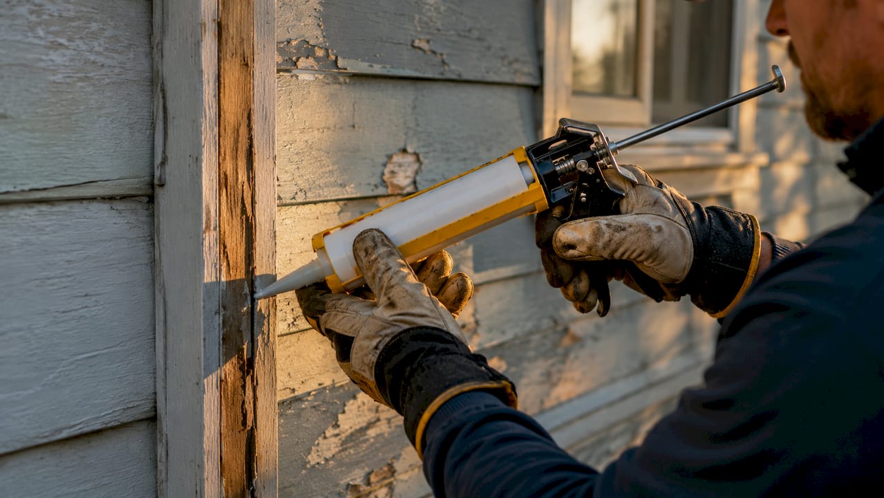 Close-up of hands preparing caulking on wood trim