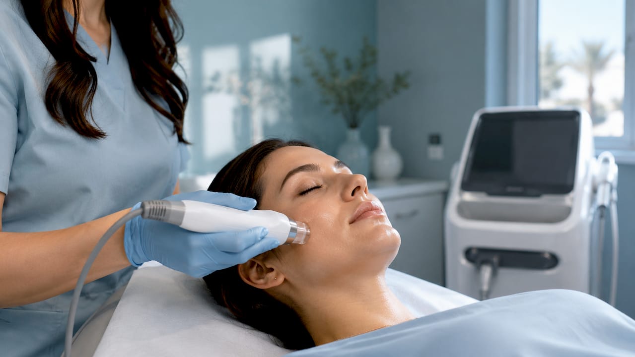 Close-up radiofrequency applicator on cheek