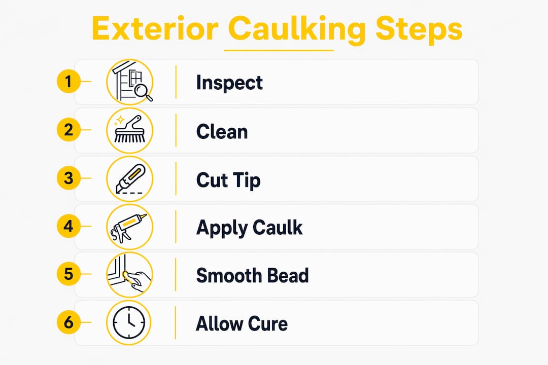 Infographic illustrating exterior caulking application steps