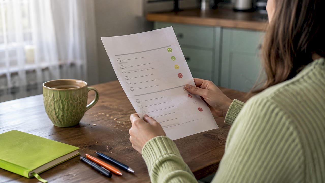 Hands holding mental health checklist on desk