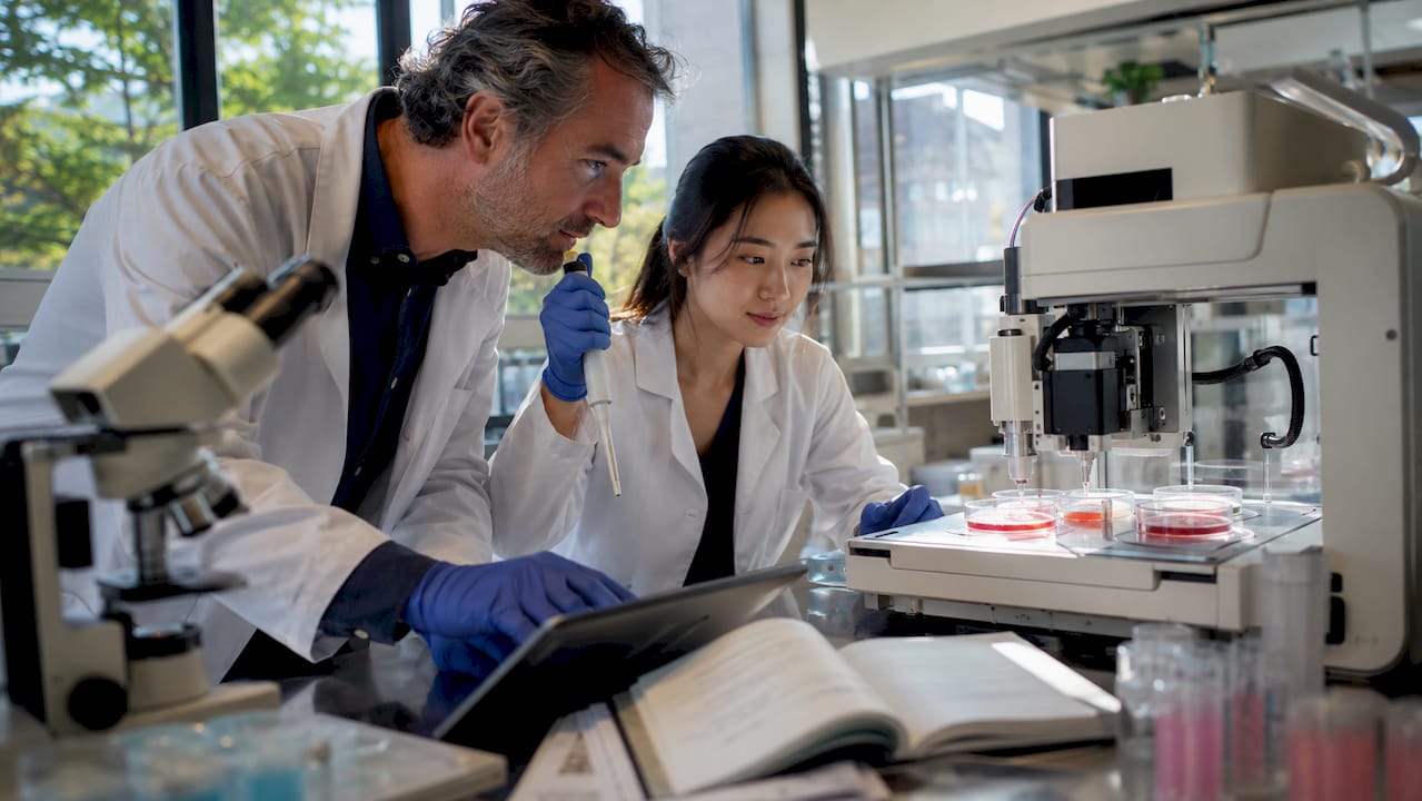 Researchers hands operating 3D bioprinter in lab