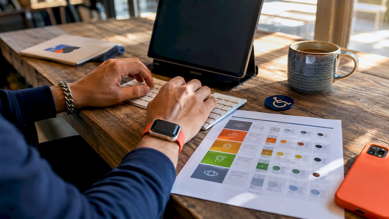 Hands typing near printed accessibility guidelines