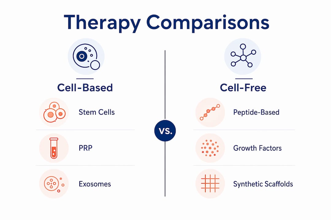 Infographic comparing cell-based and cell-free regenerative therapies
