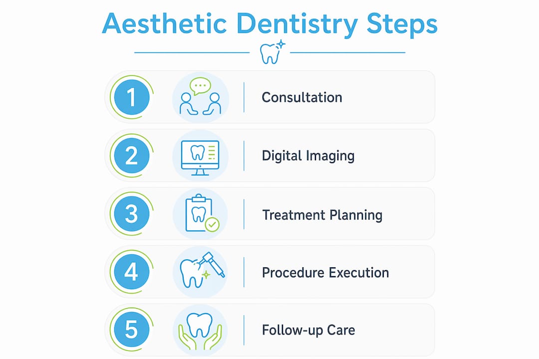 Infographic illustrating steps in aesthetic dentistry process