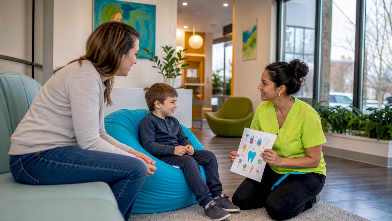 Dental hygienist preparing family for appointment