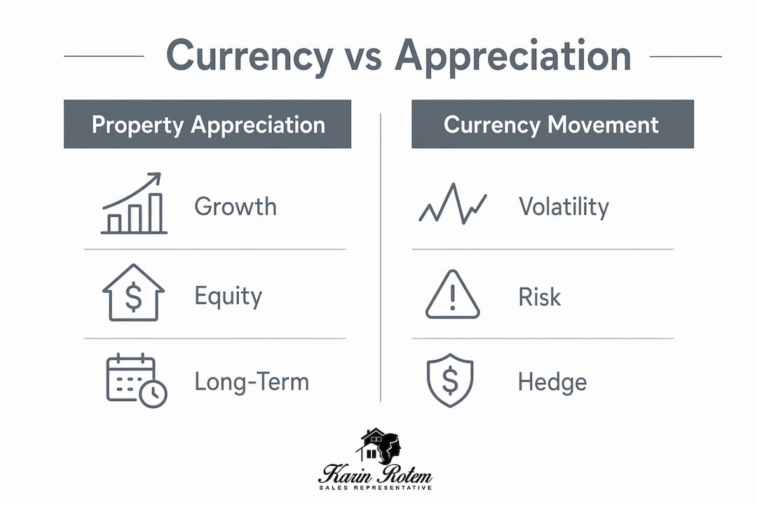 Infographic comparing currency movement and property appreciation