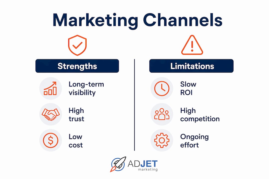 Infographic comparing strengths and limitations of marketing channels