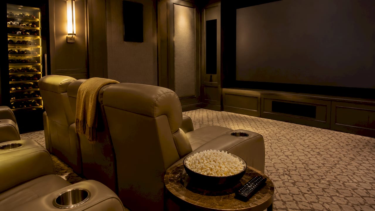 Overhead view of home theater and wine room amenities