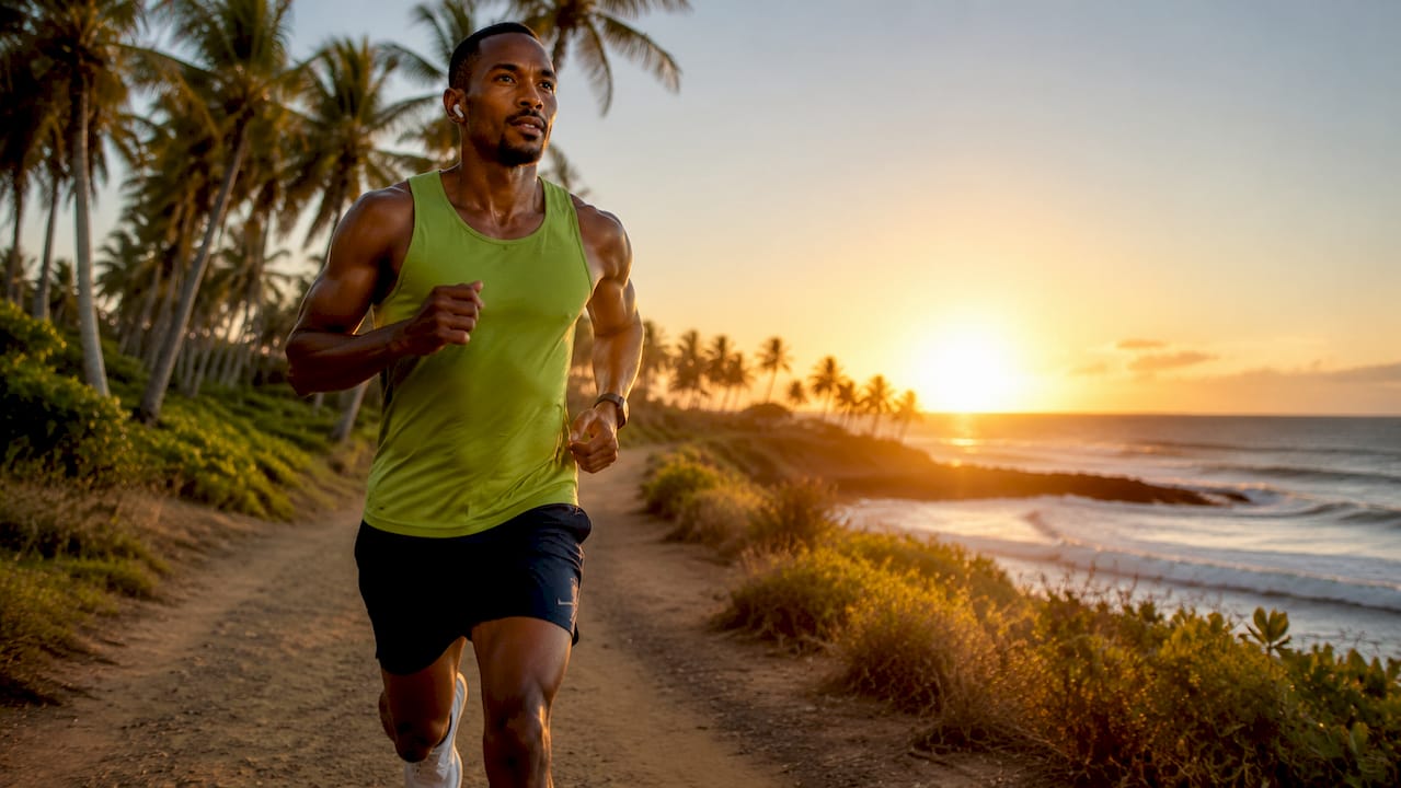 Man jogging in suburban park pathway