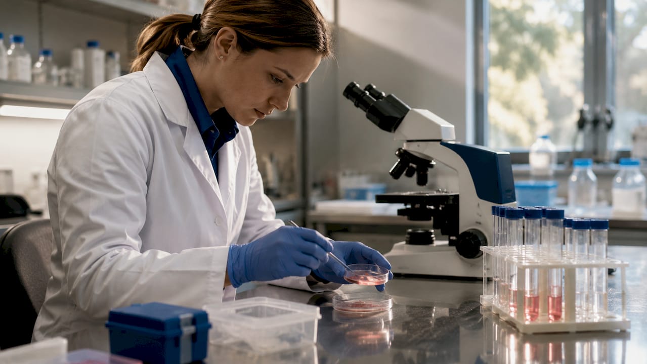 Hands handling stem cell culture in lab