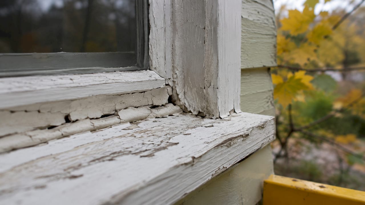 Close-up of cracked window frame caulking