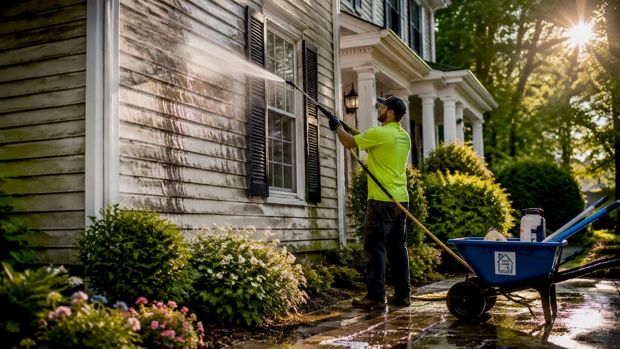 Worker pressure washing residential siding