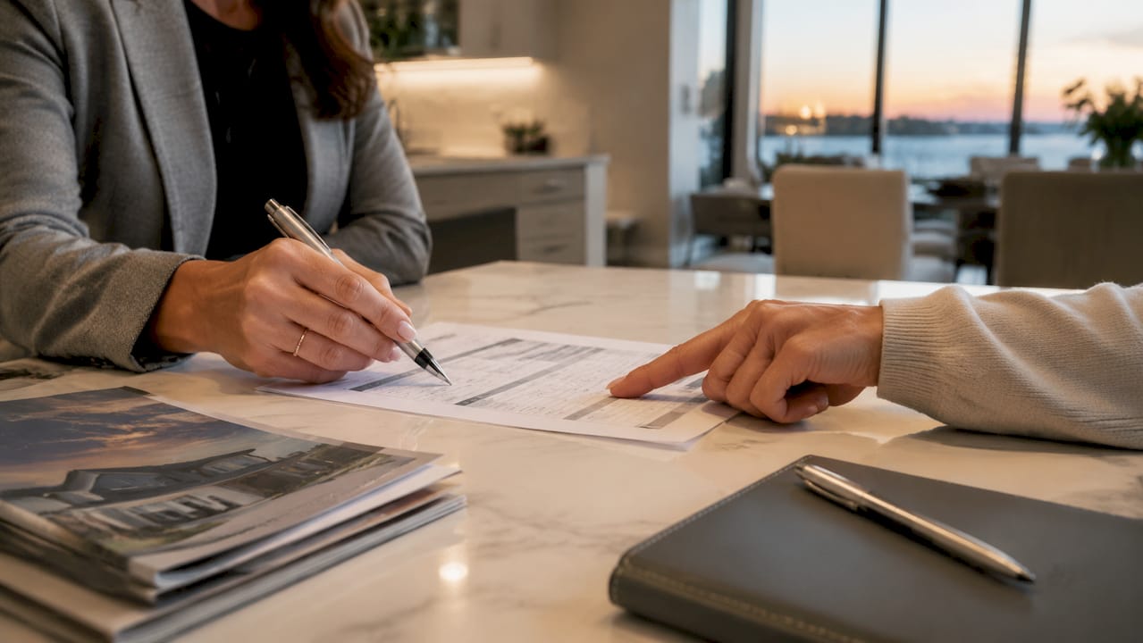 Hands pointing at commission split contract on table
