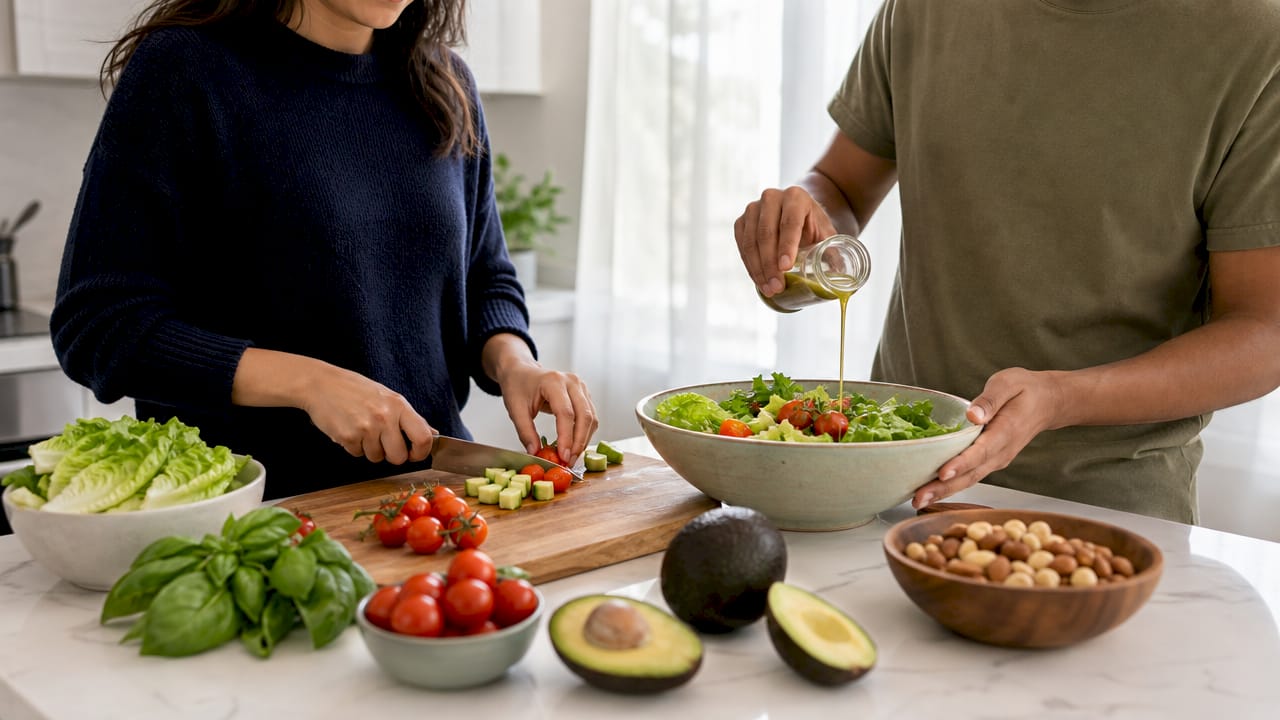 Hands preparing Mediterranean diet salad with fresh vegetables