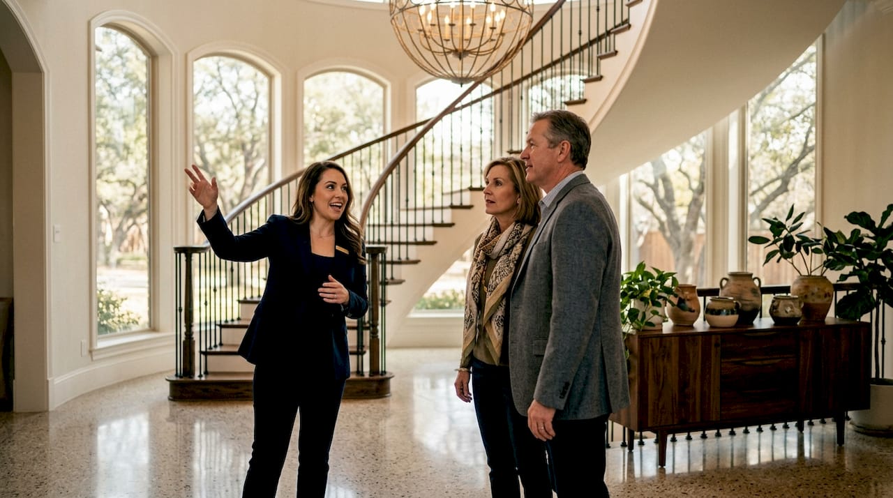 Agent giving luxury home interior tour to couple