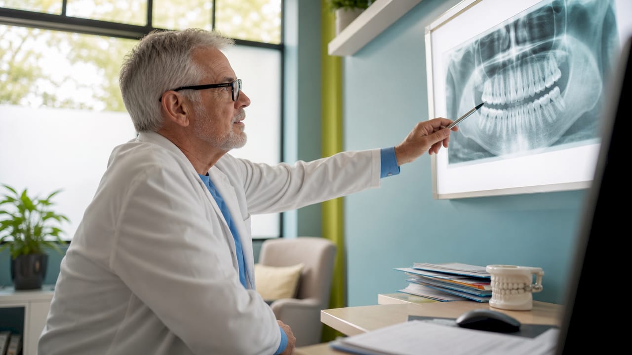 Dental hygienist examining dental X-rays in office