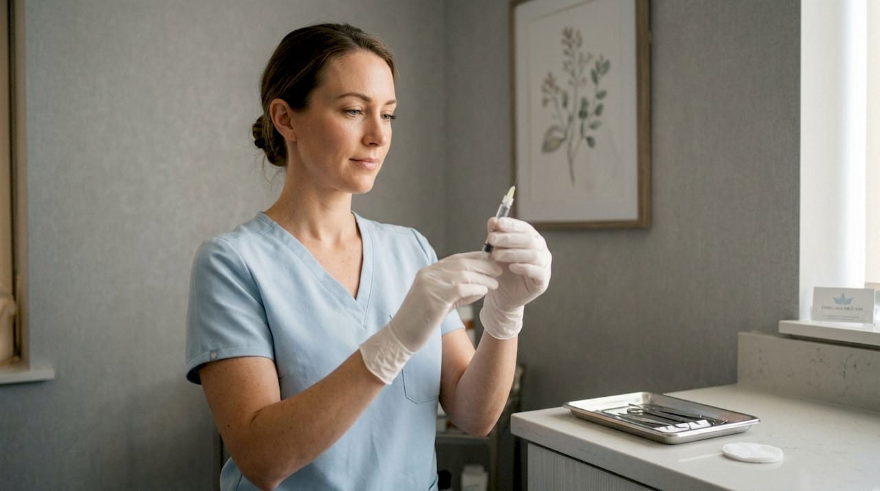 Close-up of hands preparing dermal filler injection
