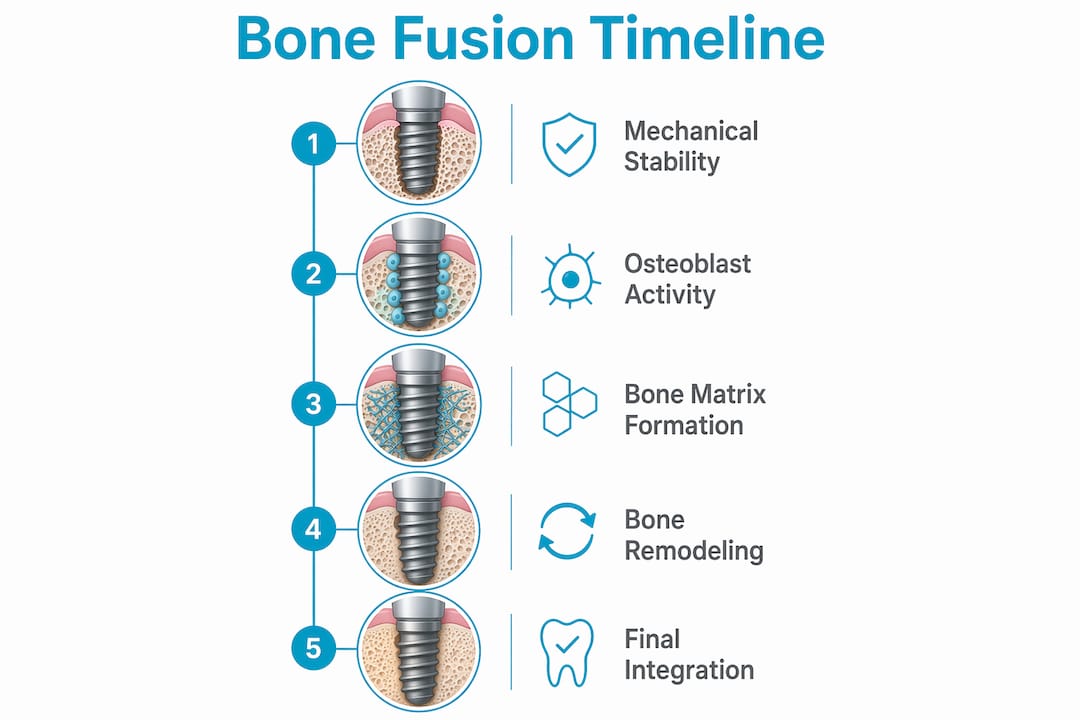 Infographic illustrating dental implant bone fusion timeline with key stages
