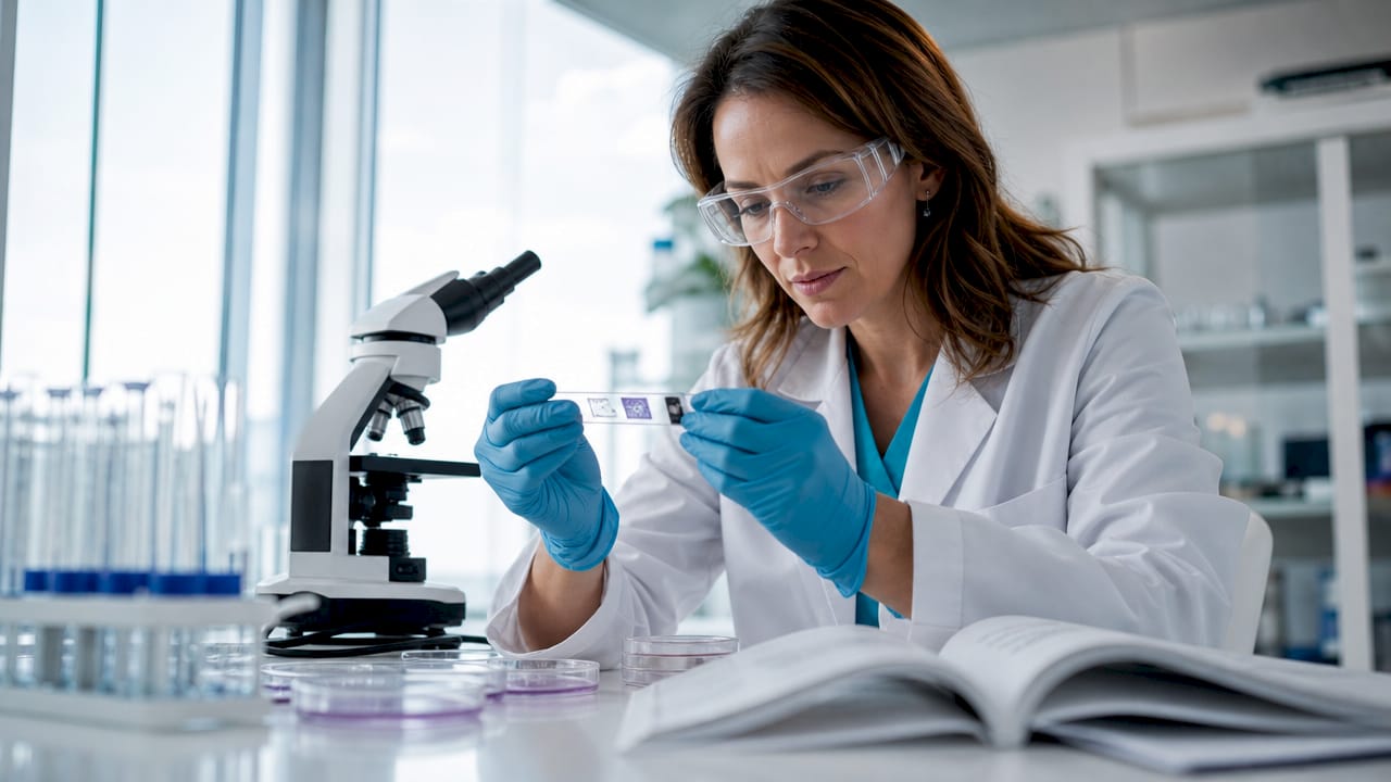 Researcher examining bone cells on implant sample