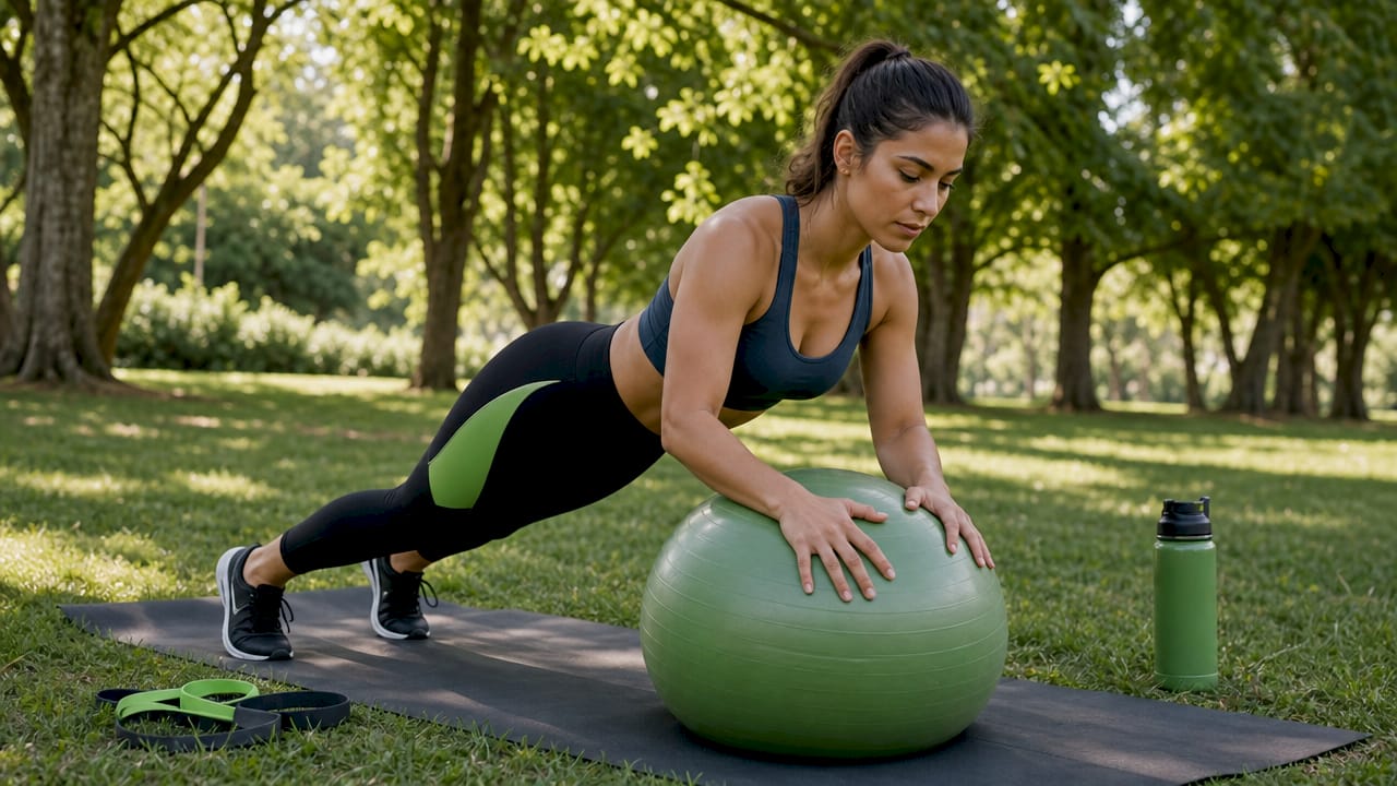 Hands on stability ball for spine core exercise