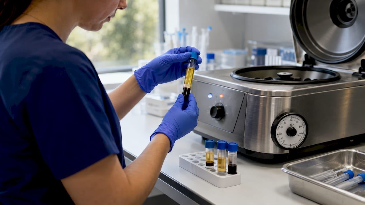 Lab technician handling PRP vial by centrifuge