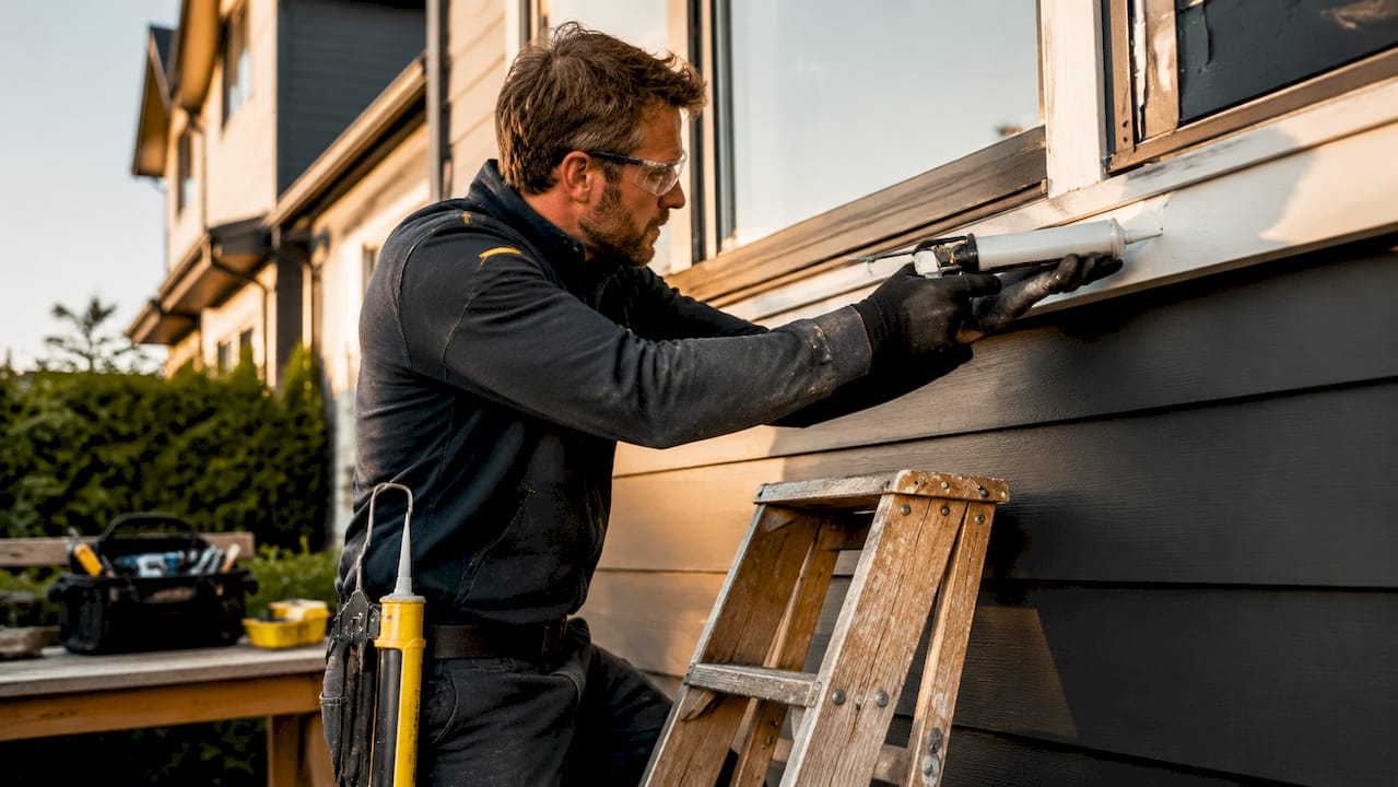 Contractor examining exterior caulking joints