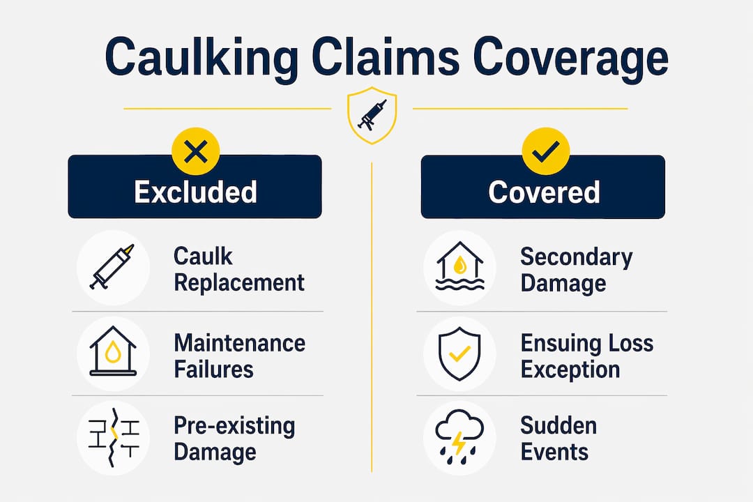 Infographic comparing excluded versus covered caulking insurance claims