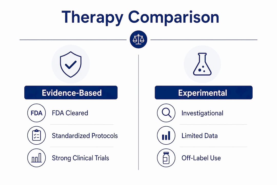 Infographic comparing evidence-based and experimental therapies