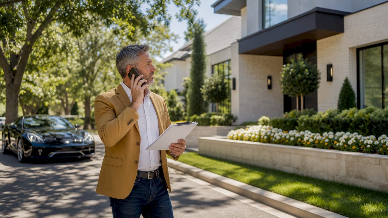 Homebuyer inspecting luxury Southlake house exterior