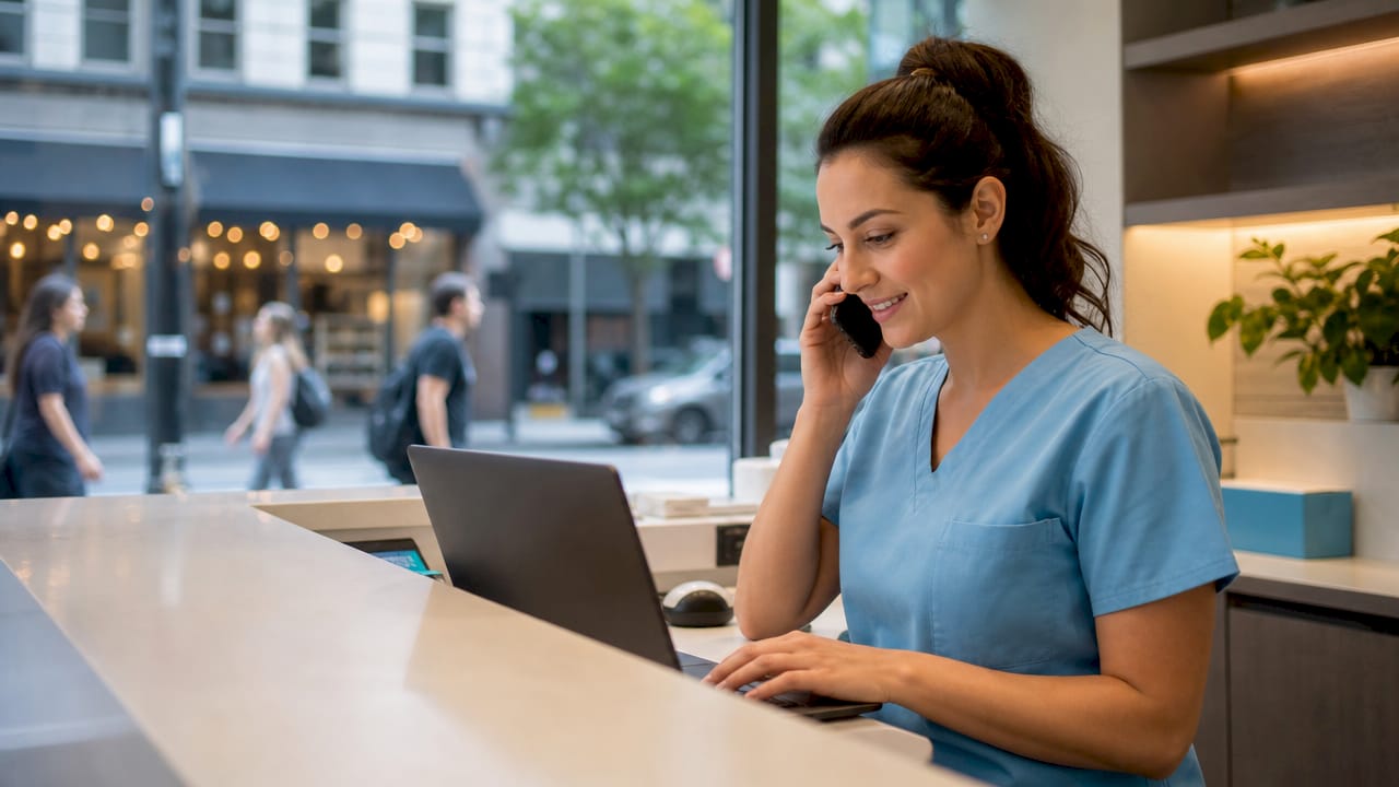 Receptionist managing dental appointments by phone