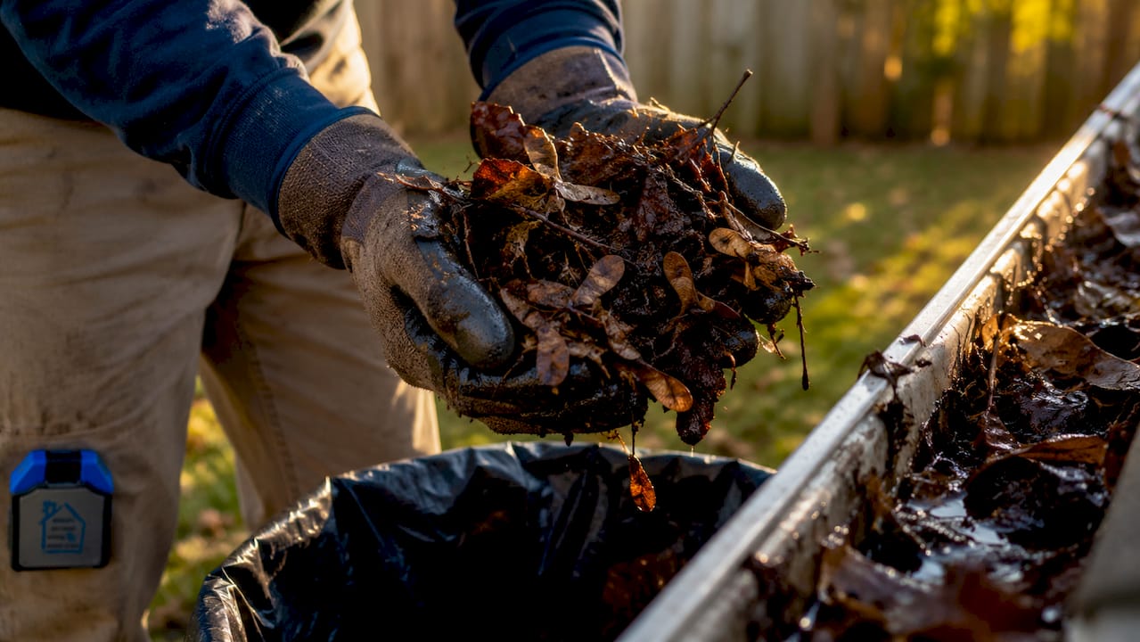 Hands removing leaves and debris from gutter
