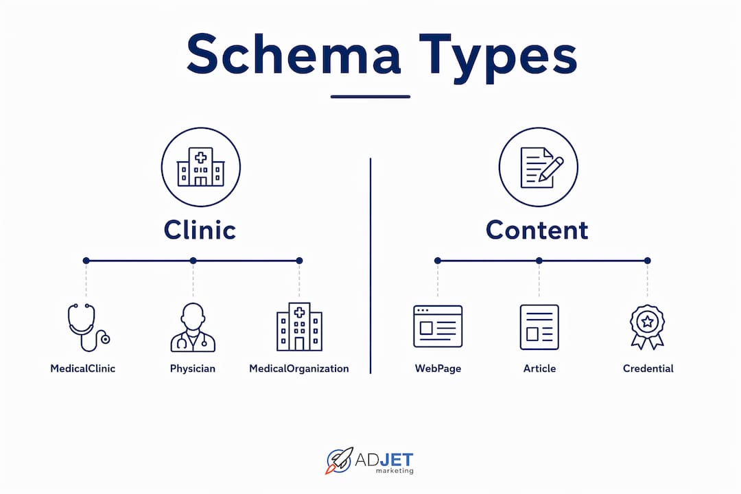 Infographic of medical clinic SEO schema markup types