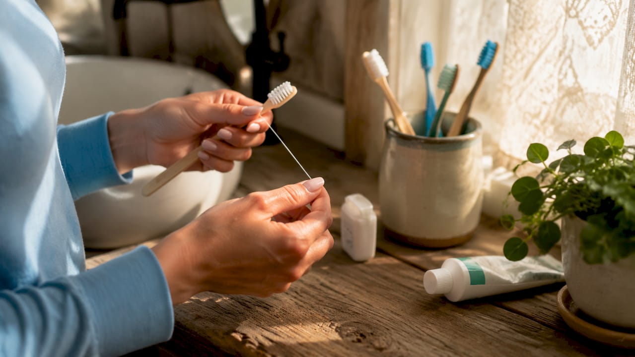 Hands preparing toothbrush and floss for cleaning