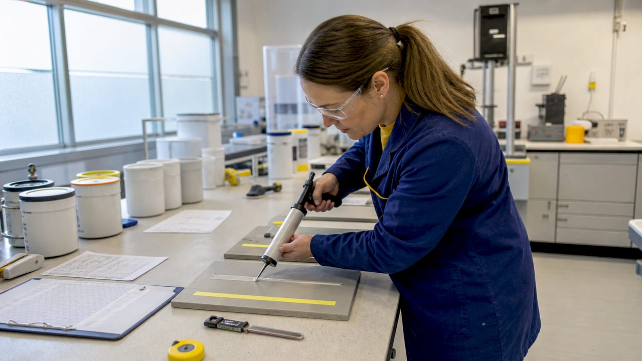 Technician applying low-VOC caulking sample in lab