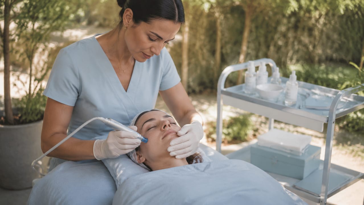 Esthetician performing microneedling on client’s face