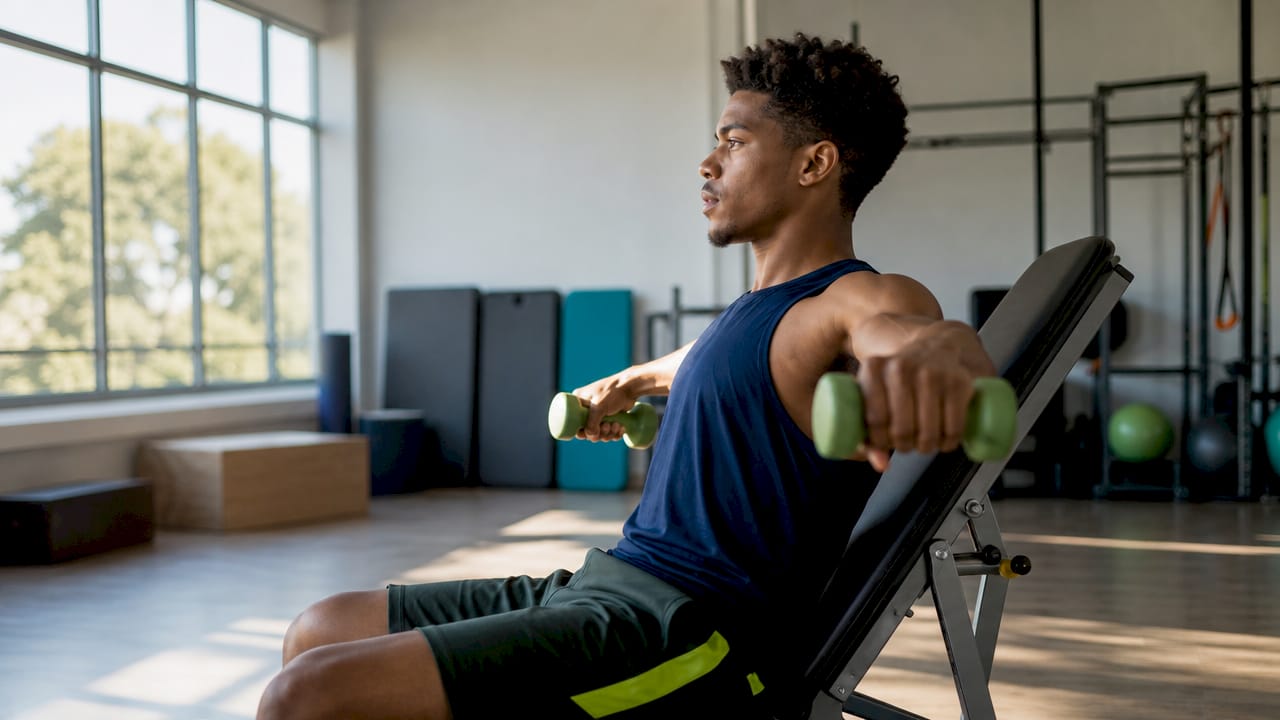 Man doing seated dumbbell exercise in therapy gym