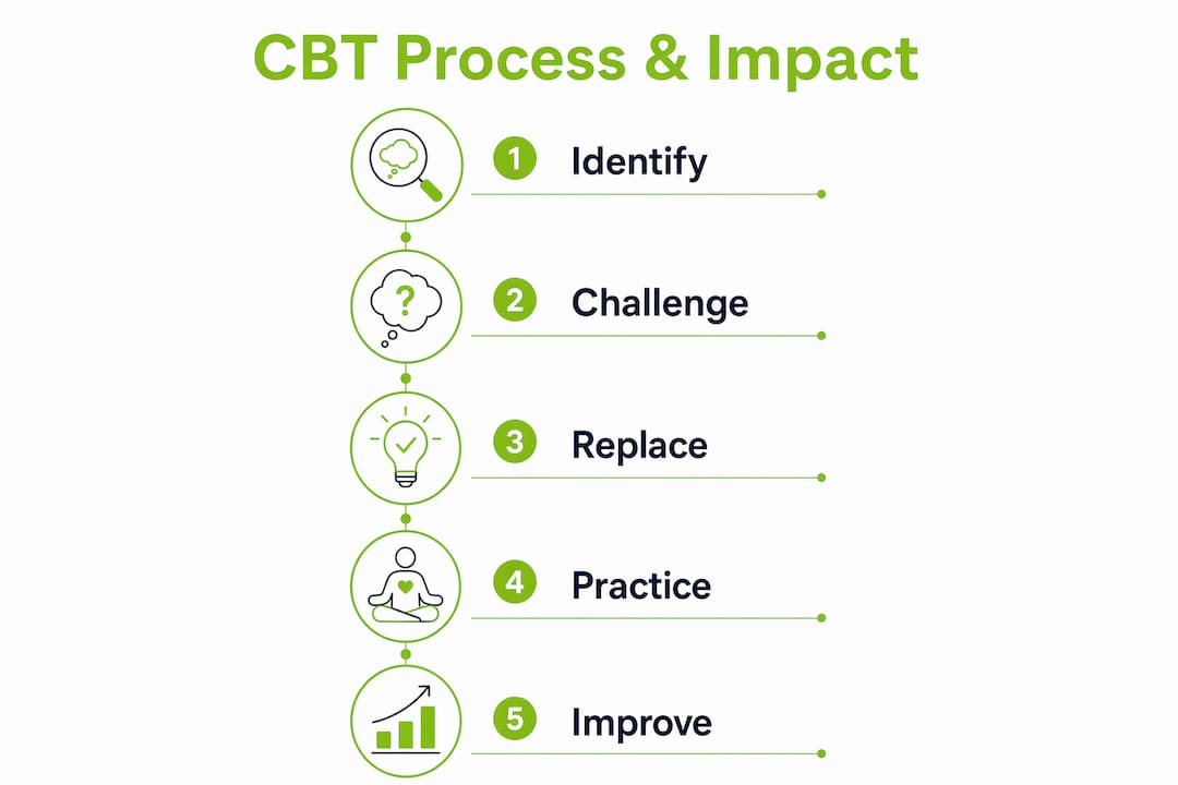 Infographic outlining CBT process steps and impact