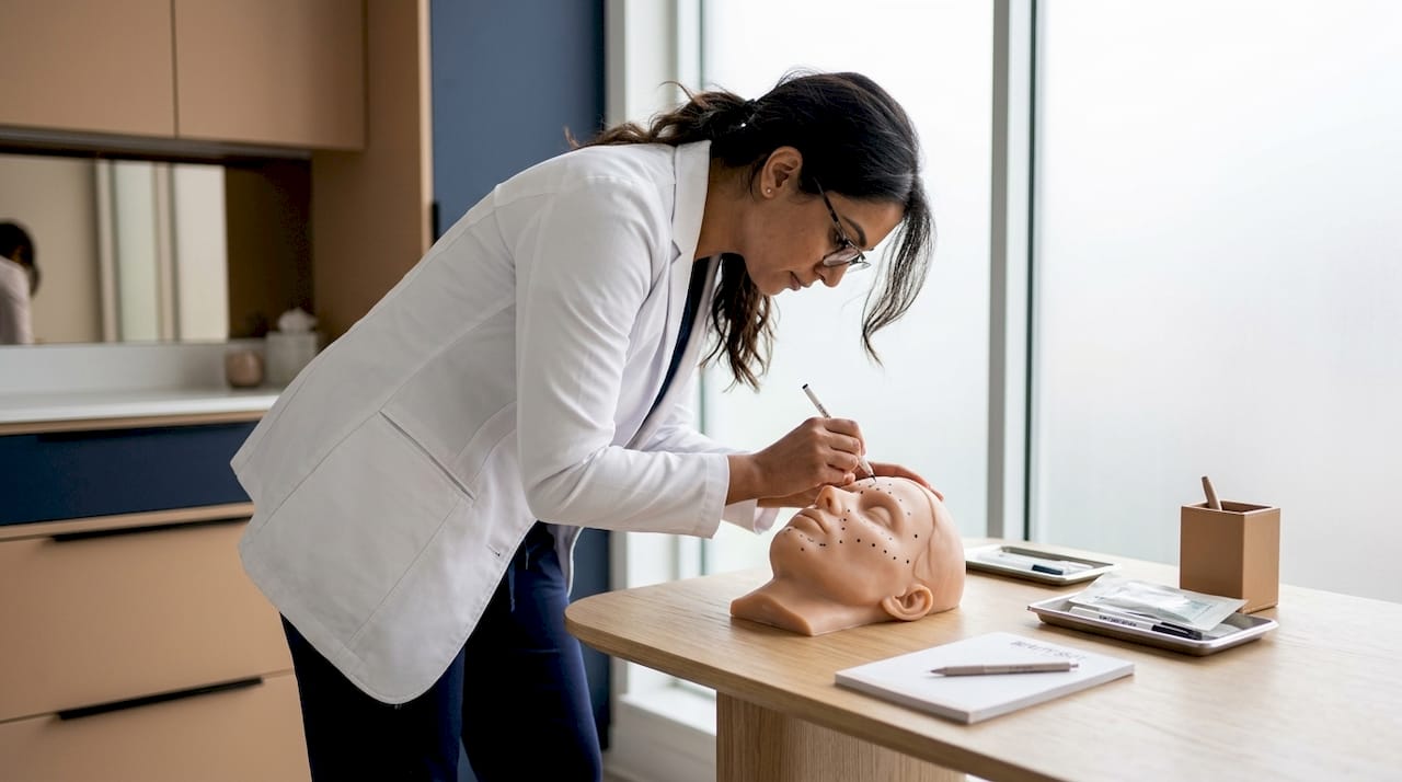 Cosmetologist marking facial filler points on model