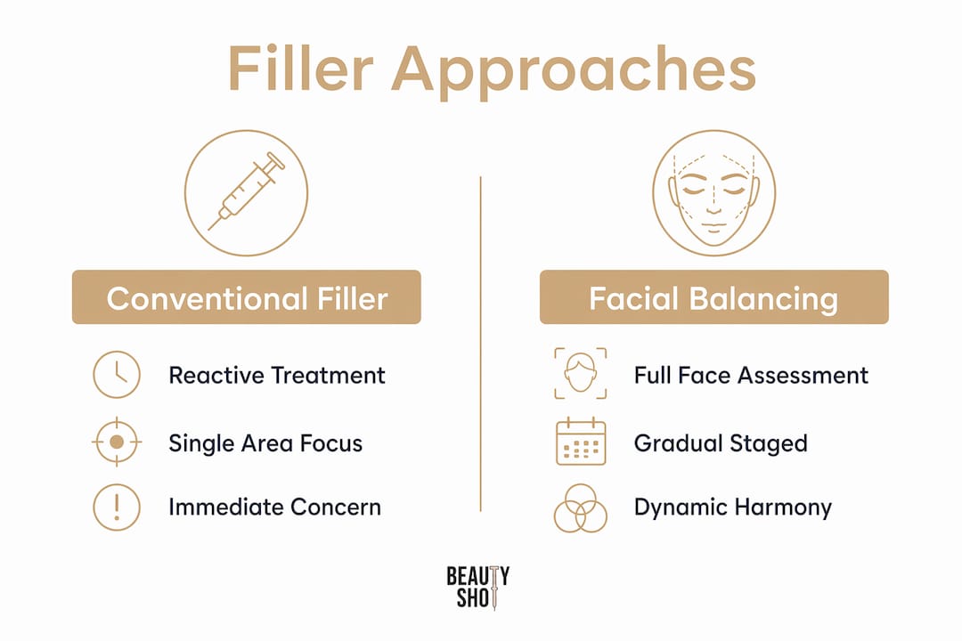 Infographic comparing conventional and facial balancing filler approaches