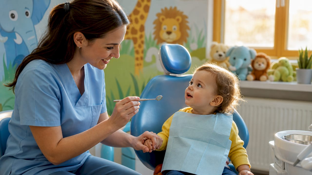 Dental hygienist with toddler in exam room