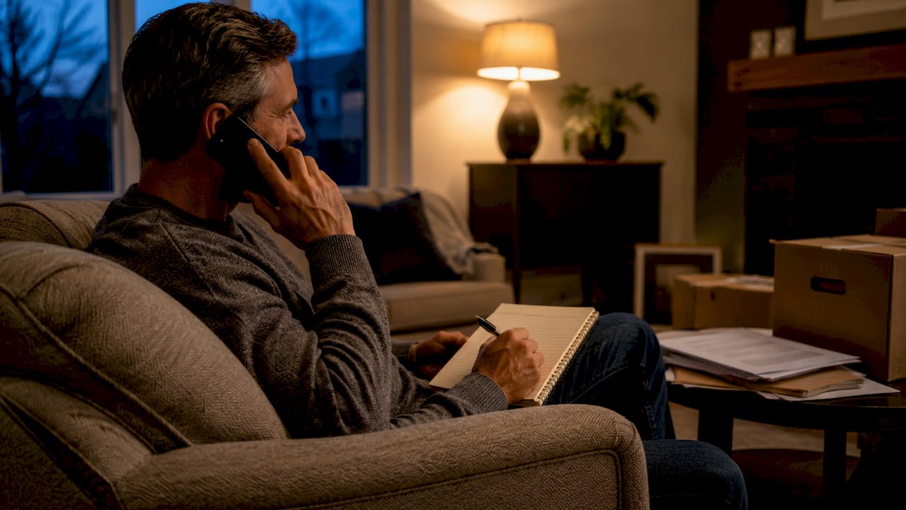 Man booking moving company on phone at home office