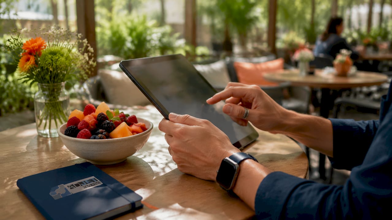 Hands scrolling Google Business Profile on tablet