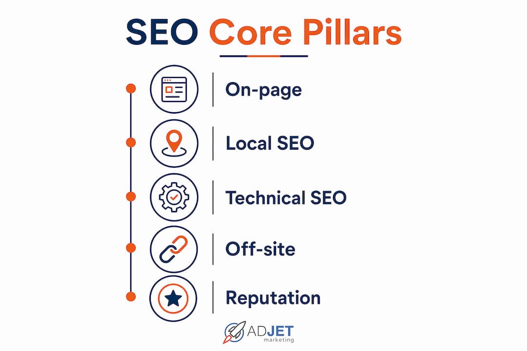 Infographic showing key SEO components for private practice